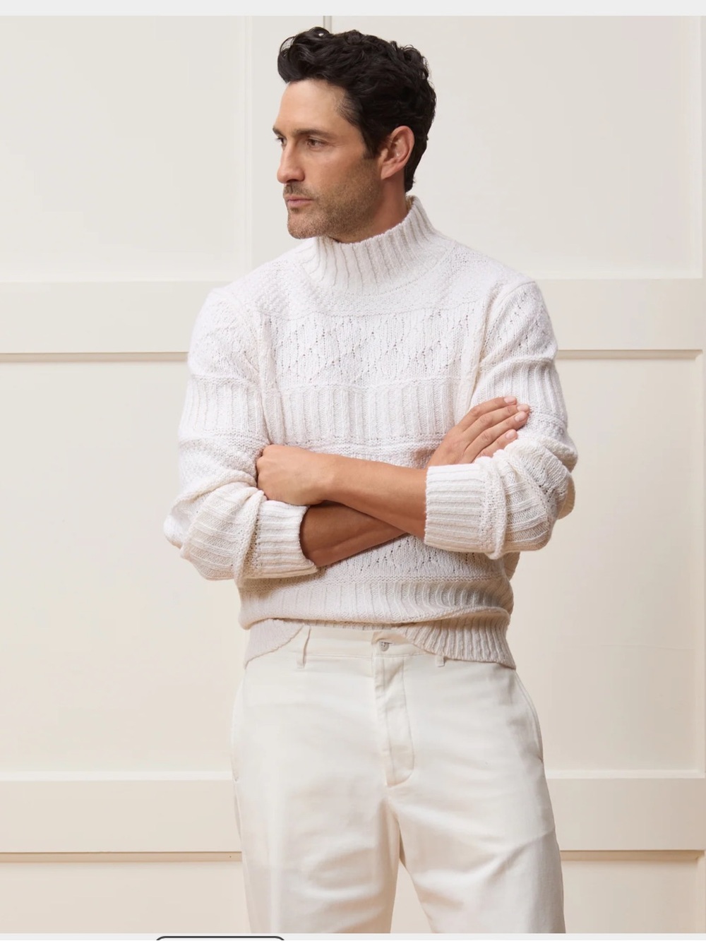 Todd Snyder Cable Knit Wool Blend Aran Funnel Neck Cream Sweater